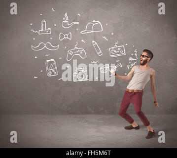 Funny hipster guy shouting drawn items Stock Photo