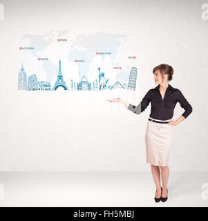 Business woman presenting map with famous cities and landmarks Stock Photo