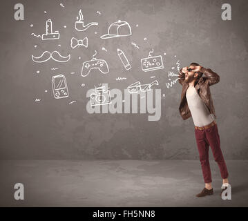 Funny hipster guy shouting drawn items Stock Photo