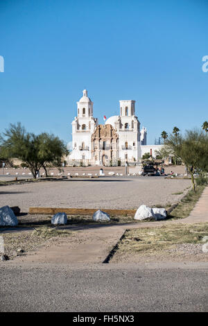 facade beautifully restored 18th century Franciscan mission of San Xavier del Bac a blend of Classic Revival & Moorish Baroque Stock Photo