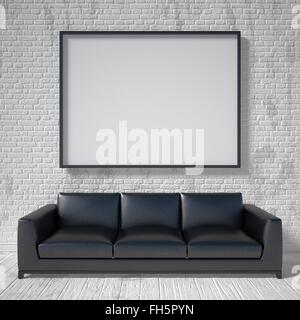 Mock up poster, black leather sofa. 3D render illustration Stock Photo