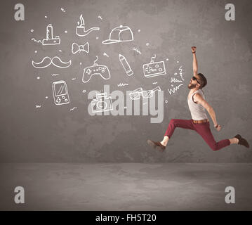 Funny hipster guy shouting drawn items Stock Photo