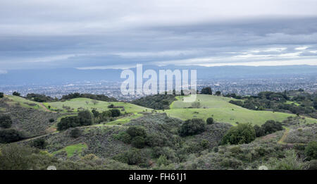 Aerial views of San Francisco South Bay at dusk from Fremont Older Open Space Preserve. Stock Photo