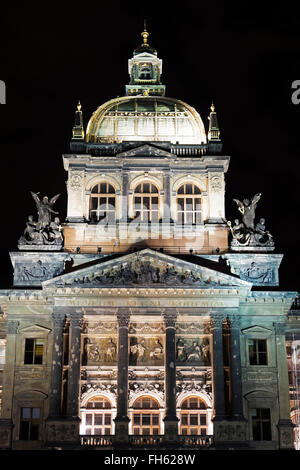 Close-up of domed roof of the National Museum at night, Prague, Czech Republic Stock Photo