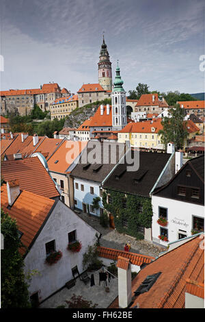 Overview of city and rooftops with the towers of St Jost Church and Cesky Krumlov Castle, Cesky Krumlov, Czech Replublic Stock Photo