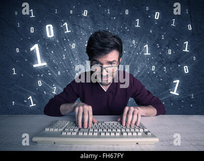 Online intruder geek guy hacking codes Stock Photo - Alamy