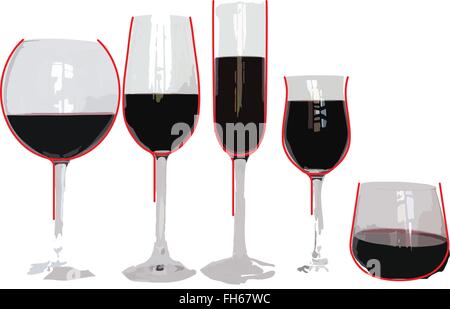 Wine glasses filled with wine. Five differently shaped wine glasses contain equal amounts. Red pen highlights. Vector. Stock Vector