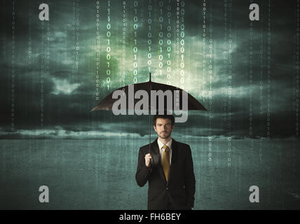 Business man standing with umbrella data protection concept Stock Photo