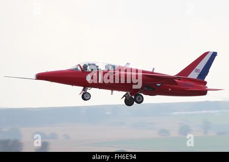 G-TIMM (formerly XP504 in RAF service), a privately-owned Folland Gnat T1, wearing the colours of XS111 of the Red Arrows, at RAF Leuchars in 2013. Stock Photo