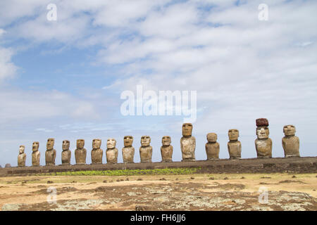 Fifteen moai (statues) on platform at Ahu Tongariki Easter Island, Chile Stock Photo