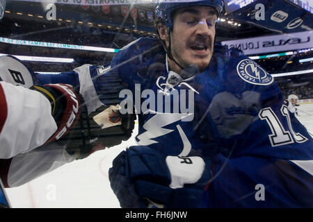 Tampa, Florida, USA. 23rd Feb, 2016. DIRK SHADD | Times .Tampa Bay Lightning center Brian Boyle (11) works to apply a check along the gas against the Arizona Coyotes during first period action at the Amalie Arena in Tampa Tuesday evening (02/23/16) Credit:  Dirk Shadd/Tampa Bay Times/ZUMA Wire/Alamy Live News Stock Photo