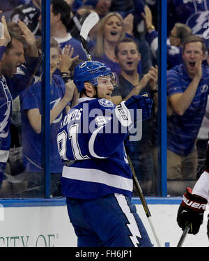 Tampa, Florida, USA. 23rd Feb, 2016. DIRK SHADD | Times .Tampa Bay Lightning center Steven Stamkos (91) celebrates his goal, the first of the game, agains the Arizona Coyotes during first period action at the Amalie Arena in Tampa Tuesday evening (02/23/16) Credit:  Dirk Shadd/Tampa Bay Times/ZUMA Wire/Alamy Live News Stock Photo