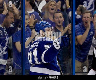 Tampa, Florida, USA. 23rd Feb, 2016. DIRK SHADD | Times .Tampa Bay Lightning center Steven Stamkos (91) celebrates his goal, the first of the game, agains the Arizona Coyotes during first period action at the Amalie Arena in Tampa Tuesday evening (02/23/16) Credit:  Dirk Shadd/Tampa Bay Times/ZUMA Wire/Alamy Live News Stock Photo