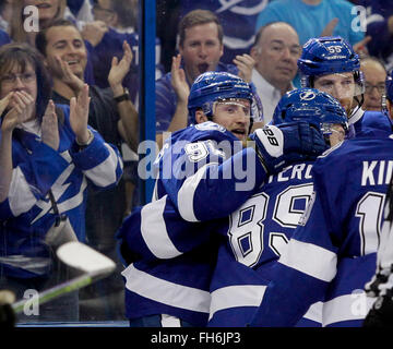 Tampa, Florida, USA. 23rd Feb, 2016. DIRK SHADD | Times .Tampa Bay Lightning center Steven Stamkos (91) celebrates his goal, the first of the game, agains the Arizona Coyotes during first period action at the Amalie Arena in Tampa Tuesday evening (02/23/16) Credit:  Dirk Shadd/Tampa Bay Times/ZUMA Wire/Alamy Live News Stock Photo