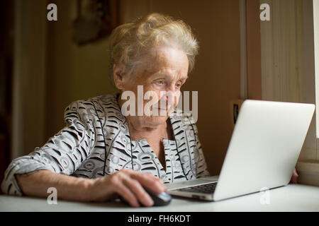 Elderly woman working on laptop sitting near the window. Stock Photo