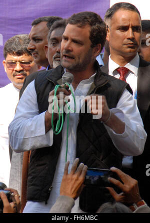 New Delhi, India. 23rd Feb, 2016. India's opposition Congress vice president Rahul Gandhi addresses students during their protest in New Delhi, capital of India, on Feb. 23, 2016. Thousands of students and teachers gathered in the heart of Indian capital Tuesday to protest against caste discrimination and the arrest of a student leader on sedition charges in New Delhi. © Stringer/Xinhua/Alamy Live News Stock Photo
