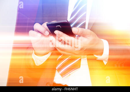 Abstract technology concept and ideas,Businessman using smartphone,double exposure effects Stock Photo