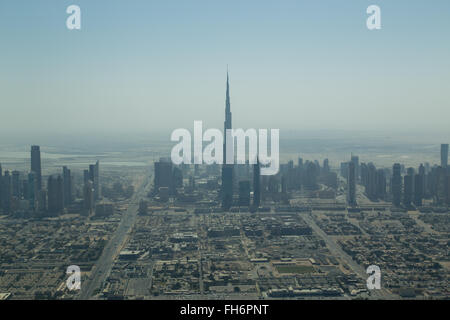 Photograph of Dubai skyline with the famous Burj Khalifa taken from a seaplane. Stock Photo