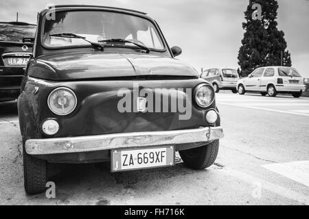Fermo, Italy - February 11, 2016: Old Fiat Nuova 500 city car produced by the Italian manufacturer Fiat between 1957 and 1975 Stock Photo