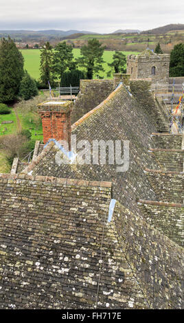 Rooftop detail viewed from South Tower of Stokesay Castle. In Stokesay, Ludlow, England.