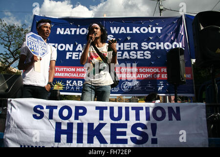 Philippines. 24th Feb, 2016. Indonesian students representing the Front Mahasisna Nasional (FMN) speak out against the increase in tuition fees and other school fees in Mendiola, Manila. Students from major universities in Manila marched to Mendiola to air their disgust on the upcoming tuition fee increase next school year. Credit:  J Gerard Seguia/ZUMA Wire/Alamy Live News Stock Photo