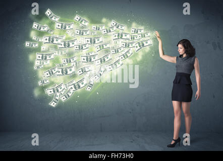 Business person throwing a lot of dollar bills concept Stock Photo