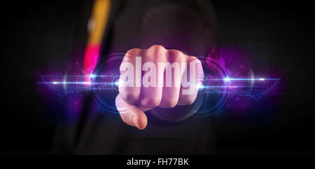 Business man holding future technology data system network Stock Photo