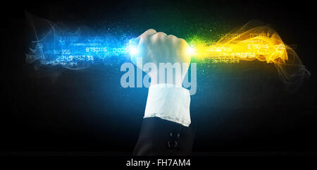 Man holding colorful glowing data in his hands Stock Photo