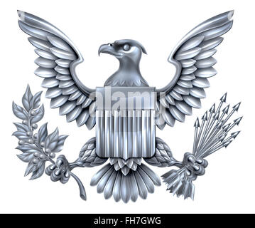 Silver Steel metal American Eagle Design with bald eagle like that found on the Great Seal of the United States holding an olive Stock Photo