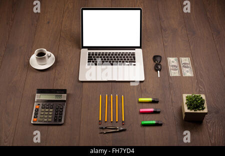 Business desk with office supplies and modern laptop white background Stock Photo