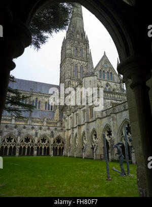 Salisbury Cathedral, Wiltshire,England,UK. Feb 2016 Salisbury Cathedral, formally known as the Cathedral Church of the Blessed Virgin Mary, is an Anglican cathedral in Salisbury, England, and one of the leading examples of Early English architecture.[1] The main body of the cathedral was completed in only 38 years, from 1220 to 1258.  The cathedral has the tallest church spire in the United Kingdom (123m/404 ft). Visitors can take the 'Tower Tour' where the interior of the hollow spire, with its ancient wood scaffolding, can be viewed. The cathedral also has the largest cloister and the larges Stock Photo