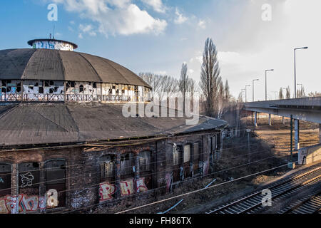 Exterior of derelict railway train shed and turntable building. Güterbahnhof train station, Pankow, Berlin. Stock Photo