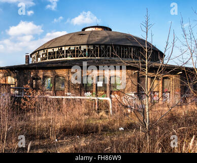 Exterior of derelict railway train shed and turntable building. Güterbahnhof train station, Pankow, Berlin. Stock Photo