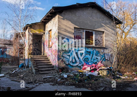 Güterbahnhof train station, Pankow, Berlin. Dilapidated graffiti covered old buildings at disused former freight railyard Stock Photo