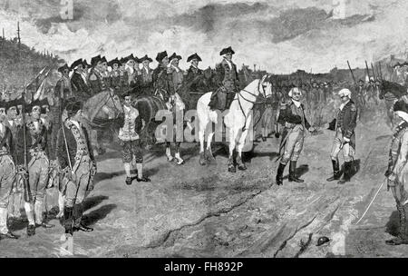 American Revolutionary War (1775-1783). Siege of Yorktown. Surrender of British Major General Lord Charles Cornwallis, (October 19, 1781). The action ends the Siege of Yorktown and virtually guarantees the American Independency. Engraving. 19th century. Stock Photo