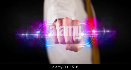 Business man holding future technology data system network Stock Photo