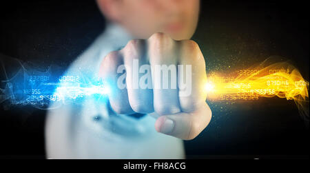 Man holding colorful glowing data in his hands Stock Photo