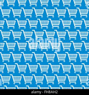 White shopping carts on blue, seamless pattern Stock Vector