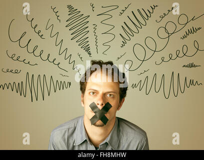 Young man with glued mouth and curly lines Stock Photo