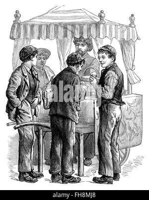 Black and white engraving of Victorian or Edwardian boys at an ice cream stall. Stock Photo