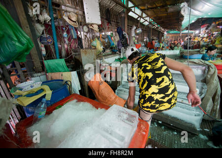 Central market hall in a Cambodian, Phnom Penh with ice blocks on display in Phnom Penh, Cambodia Stock Photo