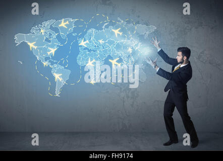 Business person showing digital map with planes around the world Stock Photo