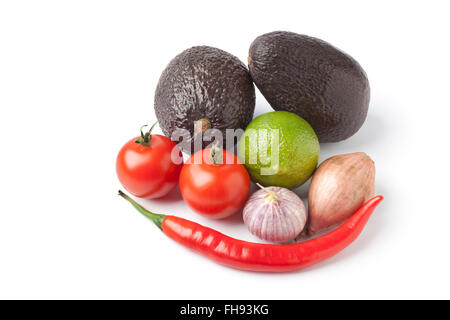 Raw fresh ingredients for guacamole on white background Stock Photo