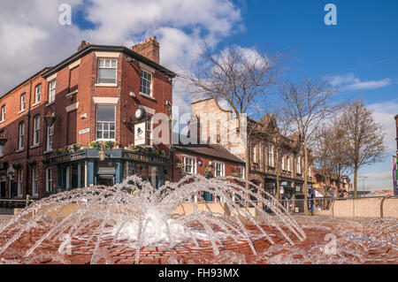 Municipal fountain Winwick street Warrington looking at the Blue Bell pub. Cheshire North West England Stock Photo