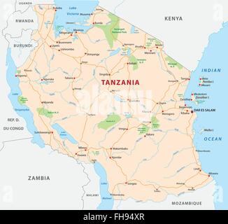 Tanzania road and National Park map Stock Vector