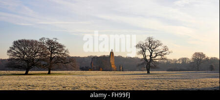 Newark Priory ruins on the River Wey Surrey on a still clear frosty winters morning Stock Photo
