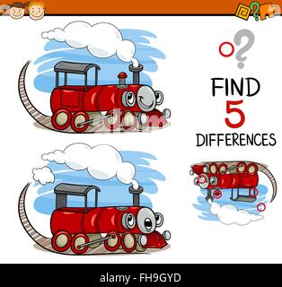 Cartoon Illustration of Finding Differences Educational Task for Preschool Children with Train Engine Transport Character Stock Vector