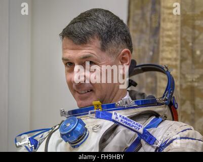 International Space Station Expedition 47 backup crew member American astronaut Shane Kimbroug dons his Sokol suit ahead of his Soyuz qualification exams at the Gagarin Cosmonaut Training Center February 24, 2016 in Star City, Russia. Stock Photo