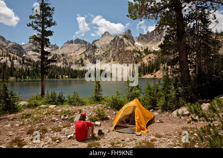 ID00402-00...IDAHO - Campsite at Alice Lake in the Sawtooth Wilderness Area. (MR) Stock Photo