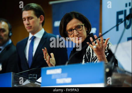 Vienna, Wednesday. 24th Feb, 2016. Austrian Interior Minister Johanna Mikl-Leitner(R) attends a press conference during the western Balkans conference, with the theme 'Managing Migration Together', in Vienna, Austria, Wednesday, Feb. 24, 2016. Credit:  Qian Yi/Xinhua/Alamy Live News Stock Photo